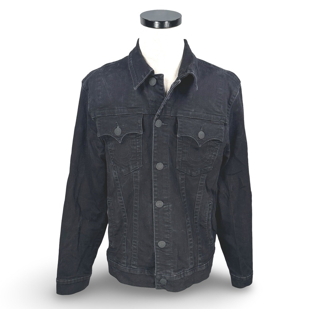 True Religion Mens‎ Black Denim Trucker Jacket Western Button Faded Black L